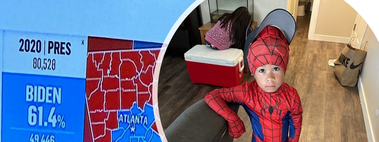 Image of a political map displaying the colors red and blue create a background for a picture of a child dressed in a spiderman costume.