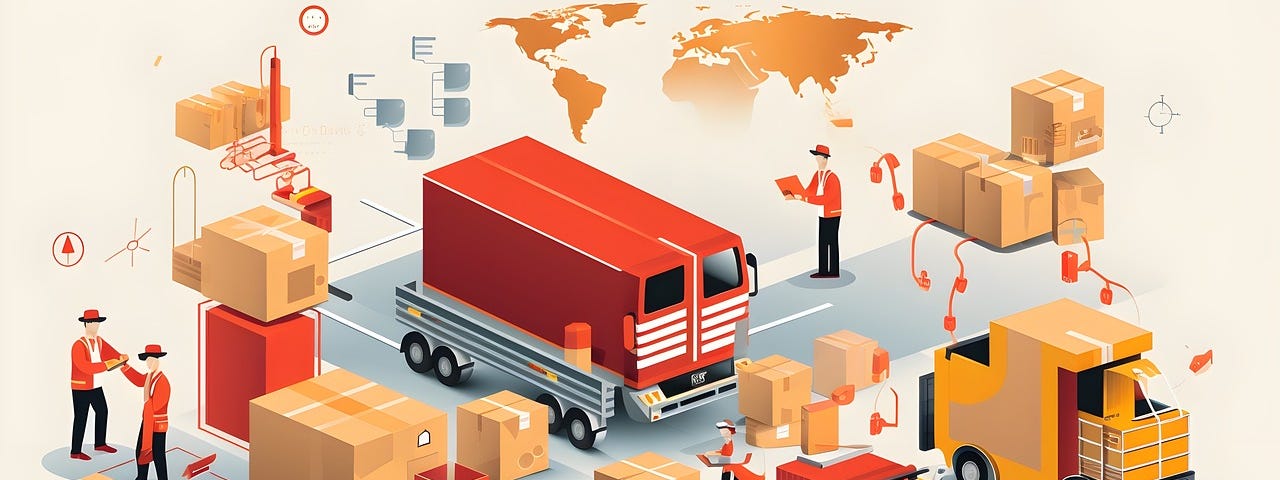 IMAGE; A drawing of a lot of parcels in a logistic chain moving among trucks, warehouses, etc.