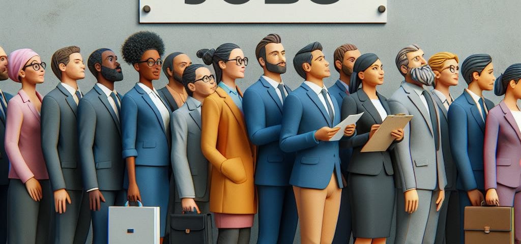 AI generated image of a diverse group of professionals standing in a line at a career fair in the style of claymation