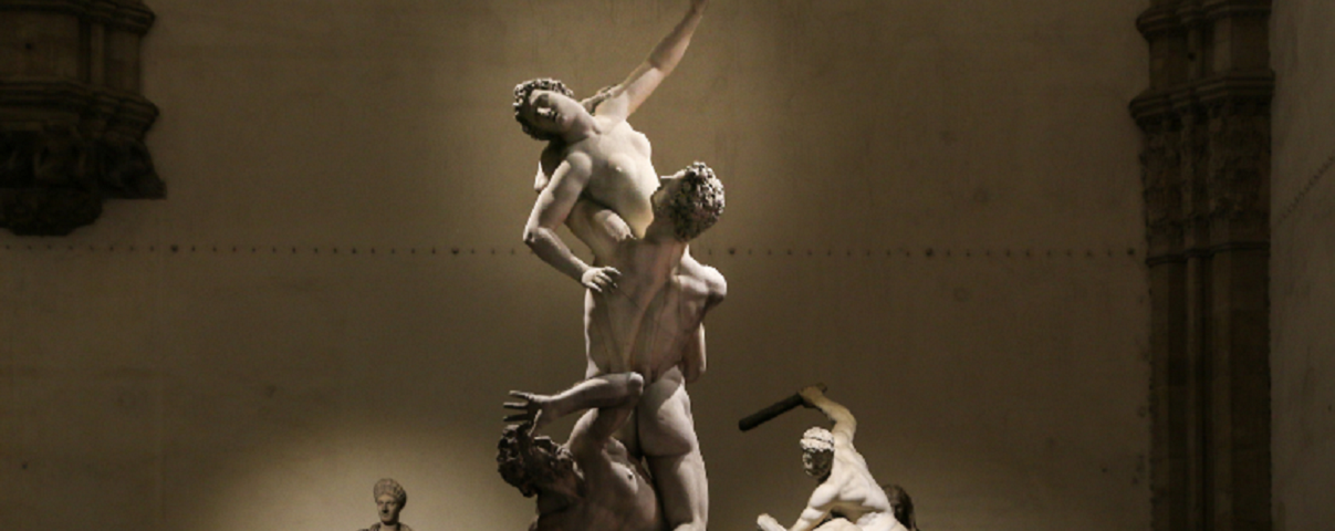 Sculptured masterpiece called The Rape of Sabine Woman. Giambologna