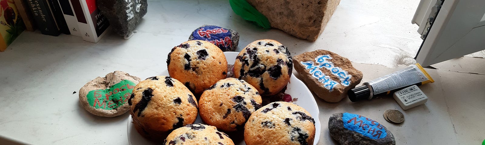 a plate of fresh blueberry muffins, next to some painted rocks