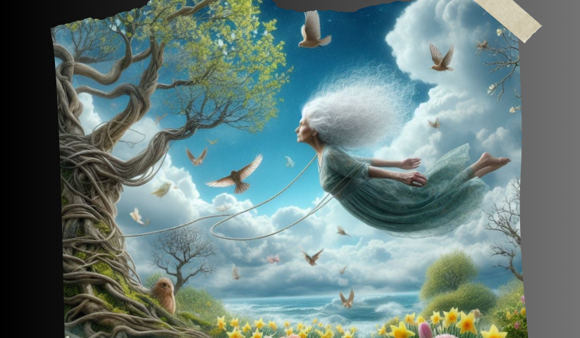 Fantasy image, a surreal, beautiful garden scene with spring daffodils, tiny birds, and trees with new leaves sprouting. Floating above the garden is an older white-haired lady who is held by a visible string to keep her from floating away into the blue sky with fluffy white clouds.