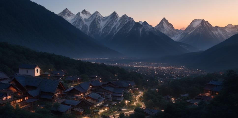 A tranquil valley town surrounded by dense forests and towering mountains at dusk.