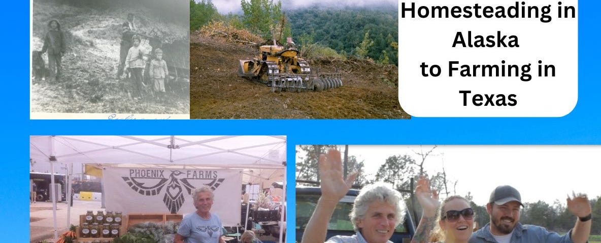 Images of children on an Alaskan homestead and the author as an older woman on her farm in Texas with vegetables and with her family.