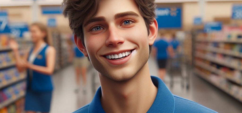 An AI-genetated photorealistic picture of a smiling, cheerful male teen Walmart greeter.