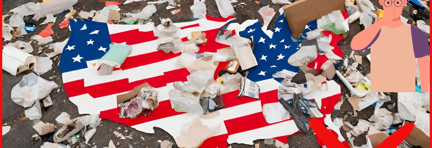 Funny and smelly photo of a garbage dump in the shape of the USA