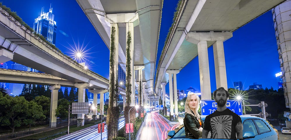 A busy road with drawn out lights. Two people, a man and a woman, are shown in the passenger seat of a car. The car and people are badly cropped into the shot.