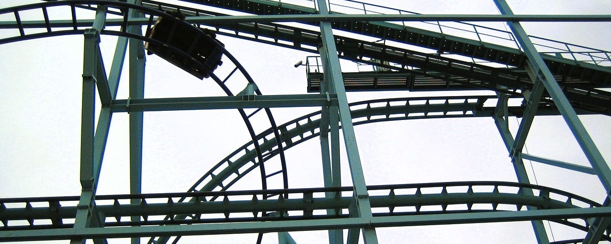 A shot from ground level looking up at the twists and turns of a roller coaster (Gröna Lund, Stockholm, Sweden)