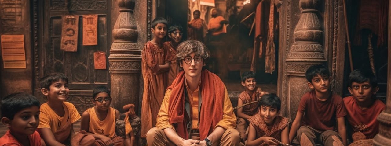 Harry Potter sitting with kids in a temple (1920). This is an AI-generated fictional image.