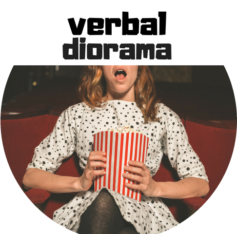 Graphic of woman with popcorn and podcast title.