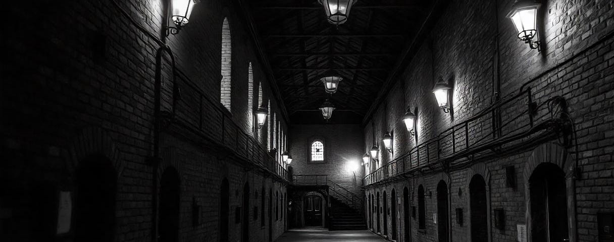 a victorian prison, antique looking, monochrome