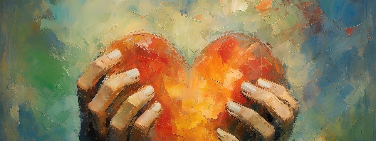 Image appears to be oil painted with visible brushstrokes. Two hands emerge from an abstract background, holding an orange heart.