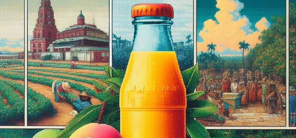 A colorful painting of a collage of 3 images, first is a bottle of mango juice, second is an image of mango farm, third is an image of mango farmers, in the style of 1800s, pixel art