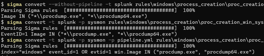 Generation of the same Sigma rule into a Splunk query without a pipeline, only the Sysmon pipeline and in addition the custom pipeline developed in this article.