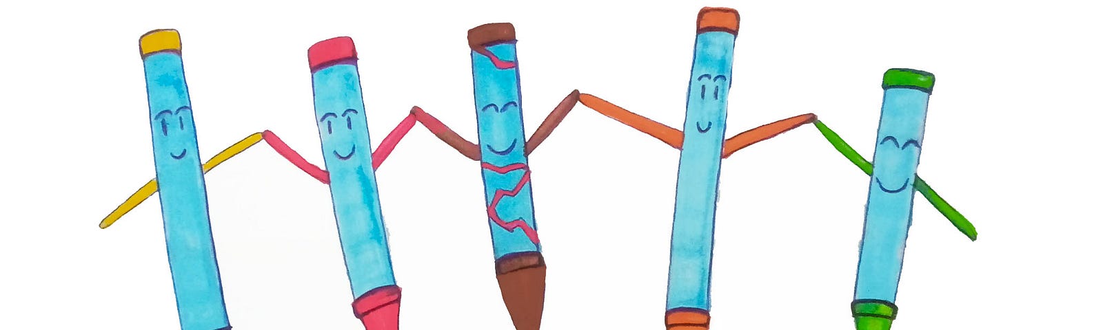 Five crayons holding hands and smiling: yellow,red,brown,orange and green.