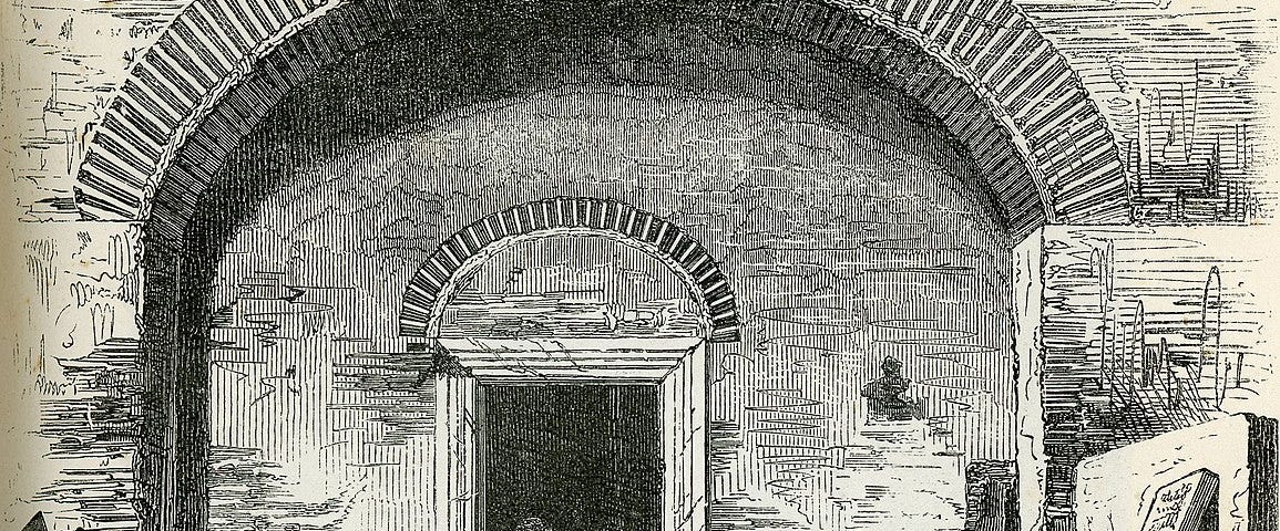 Black on white drawing of a man standing in the darkened doorway of a catacomb. There are stone slabs and broken sculptures around the outside. He leans on a cane, looking inward into the darkness.