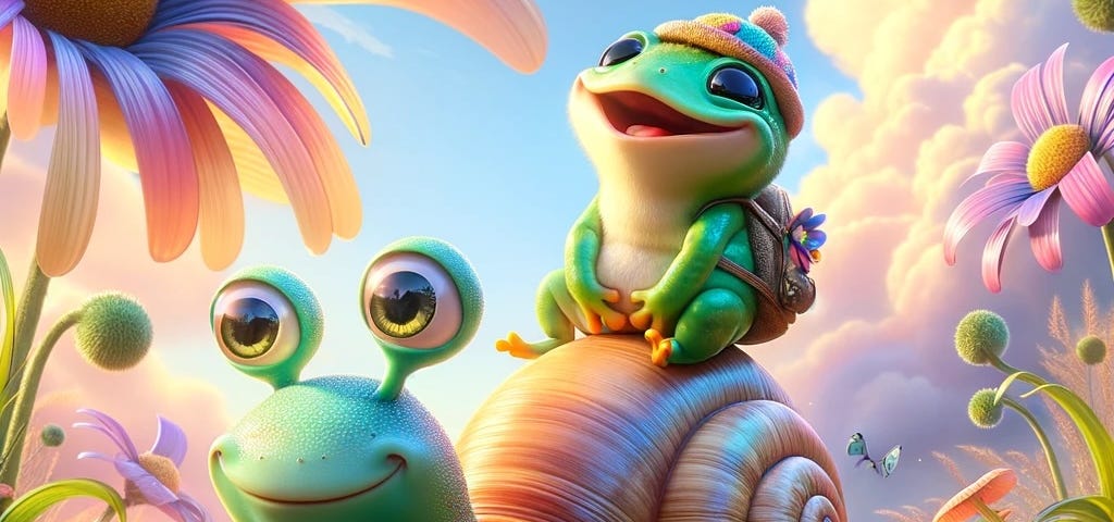 A whimsical, fantasy picture of a happy frog riding a snail.