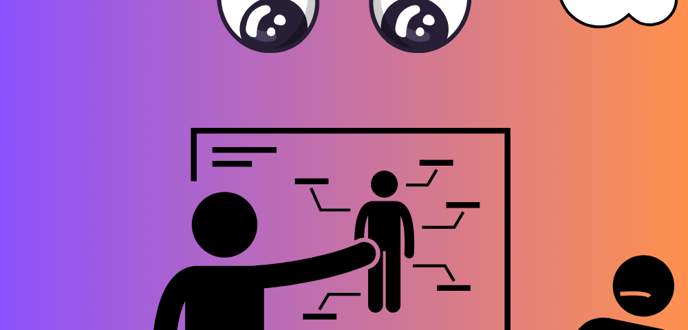 A cartoon-style illustration shows a person standing at a whiteboard, pointing to a diagram that resembles a workflow or process map. The person is depicted in solid black with no facial features. Three smaller simplified human figures are shown below the presenter, representing an audience. In the background, a pair of eyes peek out from the top right corner, accompanied by a thought bubble that says “HMMMM…” The image uses a limited color palette of black, white and shades of pink and orange