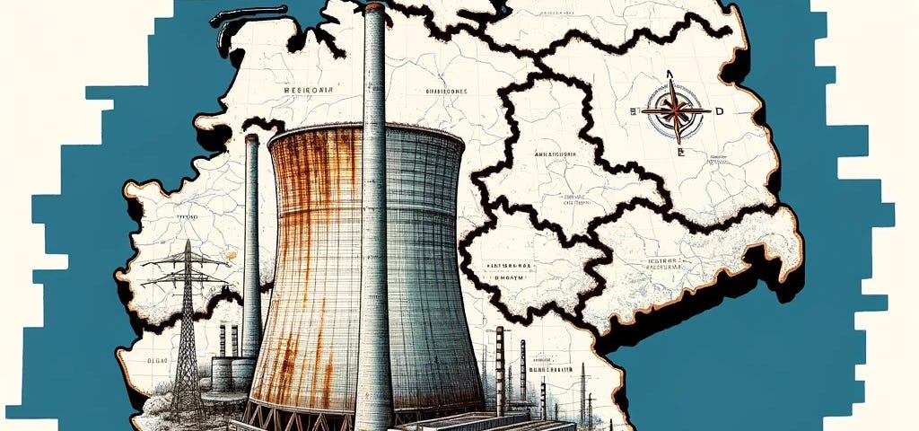 IMAGE: An illustration of a map of Germany with a rusty, old, and disconnected nuclear power plant. The plant is depicted as dilapidated and stands out on the map, symbolizing the country’s transition away from nuclear energy