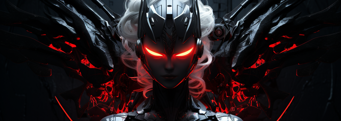 A female cyborg demon with red glowing eyes and black wings with red neon highlights.