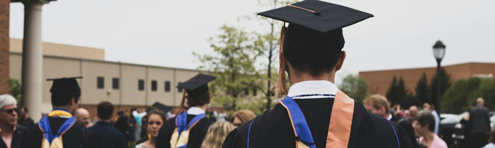 A view from the back of a college graduate in cap and gown, with other graduates in the background.