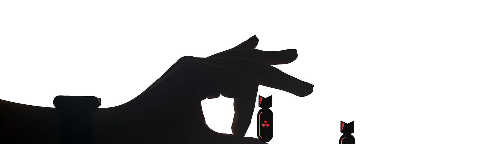 A clean silhouette illustration of a hand with a smartwatch flicking nuclear bombs with ease.