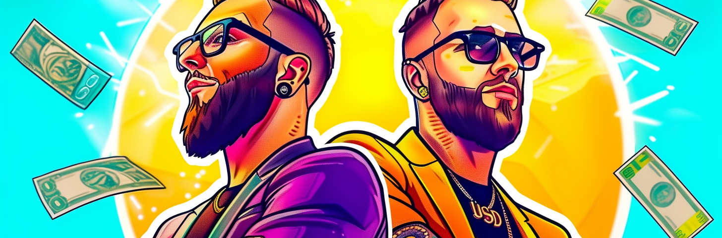two men side by side, with tattoo and beard and glasses, bank notes flying around, AI image created by Henrique Centieiro and Bee Lee on MidJourney