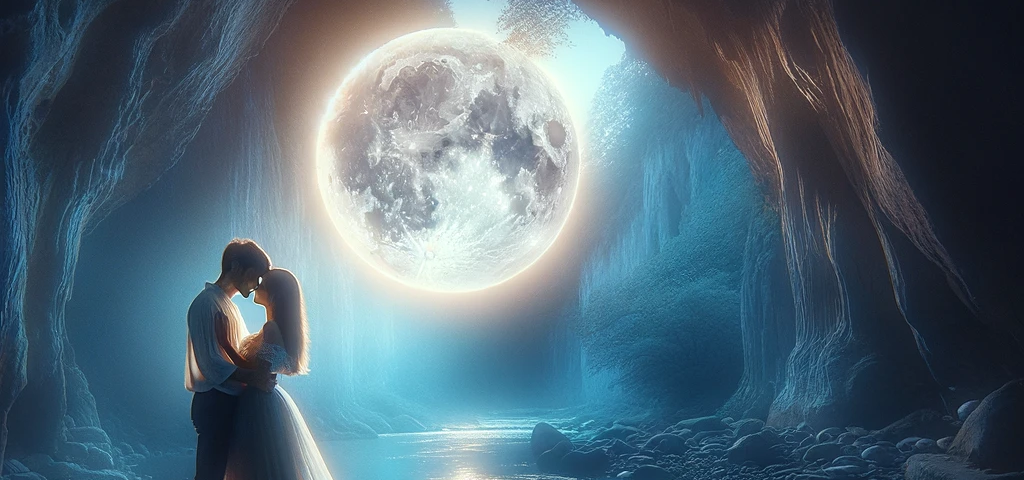 Image created by the Editor via DALL-E 3: Magical Encounter: A couple embracing under the moonlight in a cave, reflecting an enchanted engagement with nature.
