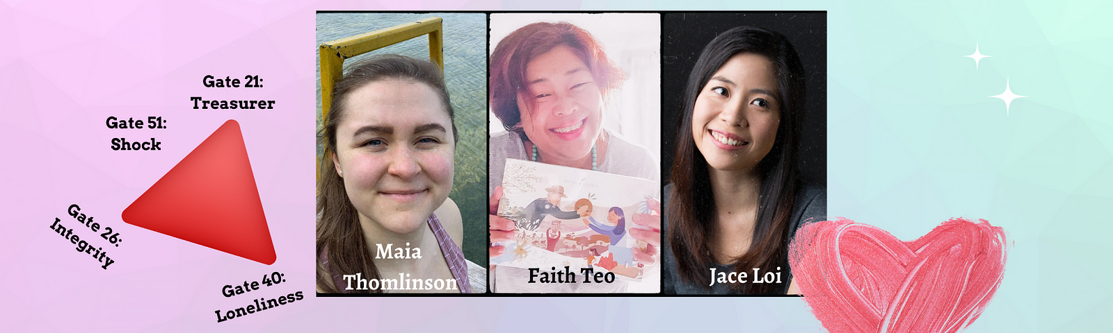 A Poster with headshots of my 3 interviewees — Maia Thomlinson, Faith Teo, and Jace Loi, with an illustration of the Will Center as a red triangle, and a red heart symbol.