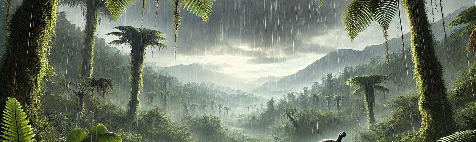 A prehistoric landscape during the Carnian Pluvial Episode, around 230 million years ago. The scene features a dense, tropical forest with lush, green foliage, ferns, and primitive plants thriving due to heavy rainfall. The sky is overcast with dark clouds, suggesting a prolonged rainy period. In the background, mist and rain partially obscure distant mountains. Small, early dinosaurs are seen exploring the wet environment, blending into the verdant surroundings. The atmosphere is humid, with wa