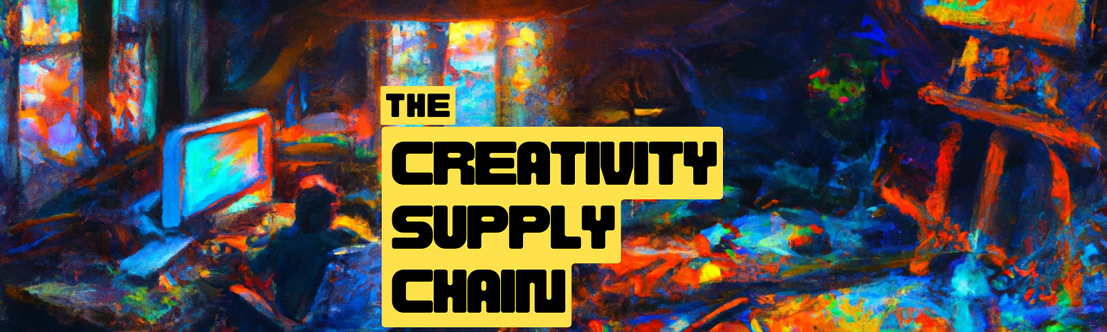 Title image for the essay, The Creativity Supply Chain, by Michael Mignano. Text overlaying a painting of an artist abandoning their art supplies for a computer.