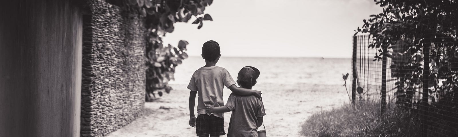 Two brothers walking arm in arm. Sibling estrangement.