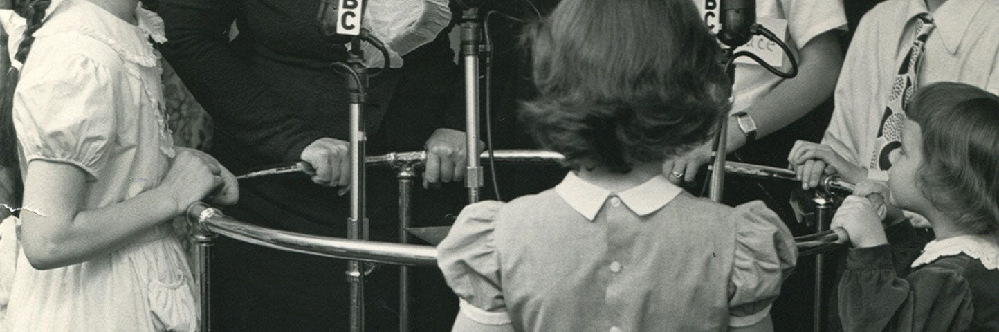 Helen Parkhurst with Dalton School students on her radio program, late 1940s.