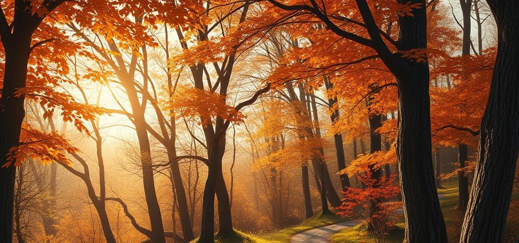 Image of a winding path through an Autumn forest with the setting sun in the background.