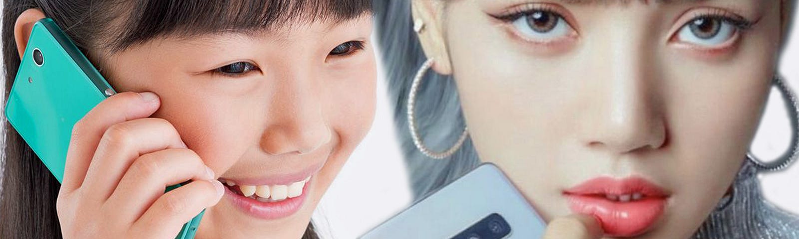 Японка (слева) и кореянка (справа) с мобильными телефонами думают над Вашим поведением [фотоколлаж]