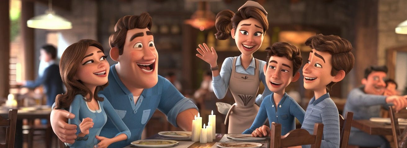 A Pixar movie-style scene of a family laughing heartily in a rustic restaurant. The family consists of a mother, father, and two teenage boys. They are joined by a jolly waitress. The restaurant has wooden floors, furniture, and stone walls. There are candles on the table. The background is blurred, showing other patrons and the restaurant’s layout. The lighting is warm and inviting.