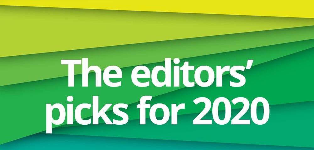 Green and blue gradient background with white text saying ‘The editors’ picks for 2020.’ The ThoughtWorks logo sits under