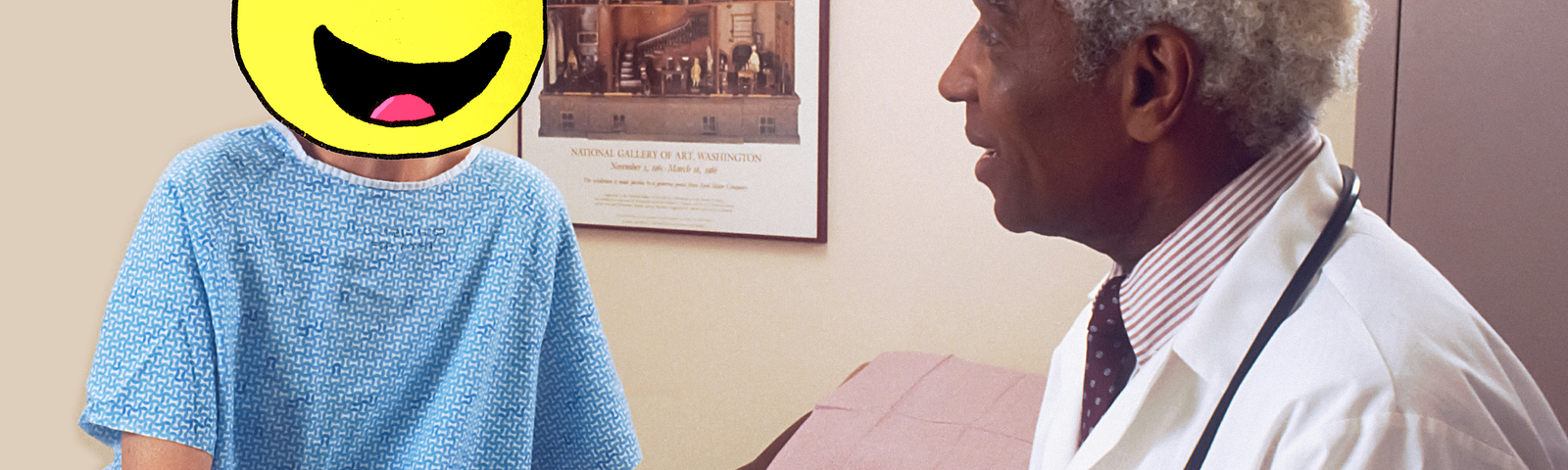 Man sitting on exam table with an smiling face sweating emoji. He is talking to a concerned doctor.