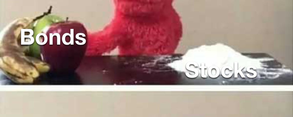 Meme of the Sesame Street Elmo character deciding between a fruit and a pile of cocaine. Elmo is labeled as “investors,” the fruit as “bonds,” and the cocaine as “stocks.” A second image shows Elmo face down in the cocaine.