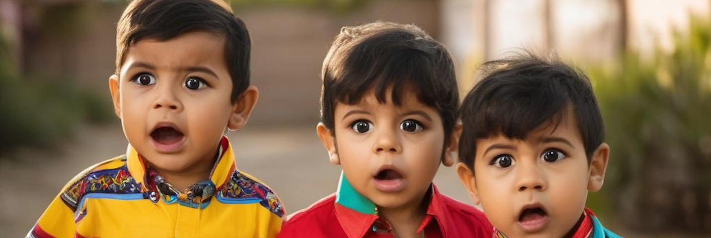 Three young Mexican boys in colorful shirts, standing with a look of surprise on their faces.