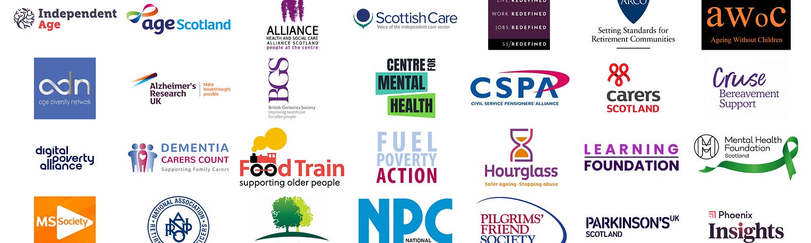 White graphic with more than 30 logos from organisations that support Independent Age’s call for an Older People’s Commissioner for Scotland.