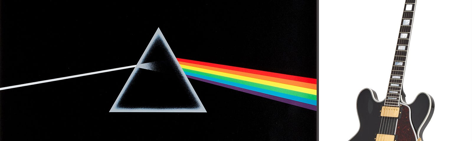 LEFT/TOP: PINK FLOYD “Dark Side of The Moon”, Album Cover (1973), STORM THORGERSON (British, 1944–2013), signed print Storm Thorgerson, A/P (Artist Proof — One of a kind), 2005.(Image source: Courtesy under special permission from Auctionet.com). RIGHT/BOTTOM: BB KING, “Lucille” GIBSON guitar, signed by BB King 4–6–97. (Image source: Courtesy under special permission from Auctionet.com).