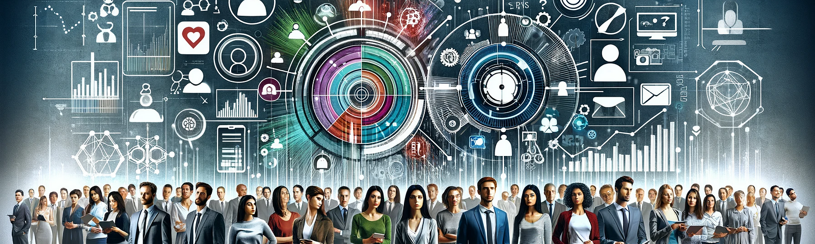 Image features a diverse group of individuals of varying ages, ethnicities, and professions, symbolizing a multifaceted audience. They are set against a modern, abstract background that subtly incorporates elements like digital devices, social media icons, and marketing analytics charts. The composition conveys a sense of professional engagement, highlighting the concept of audience analysis.