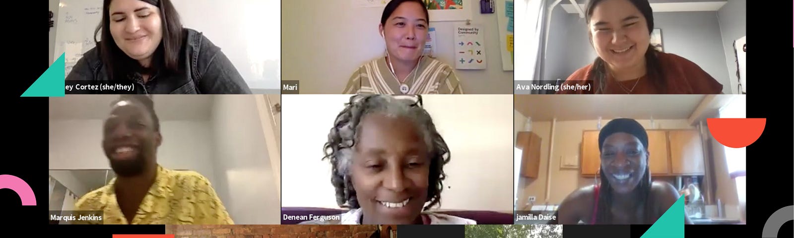 An image that has eight people who are part of the Designed by Community Fellowship Program tiled in a Zoom meeting. Everyone is smiling.