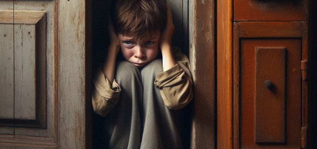 A frightened, bare-foot boy sitting on the floor between a door and a brown, wooden chest, with his knees drawn up to his chin and his hands over his ears. A drawing pad and pencil is on the floor at his feet.