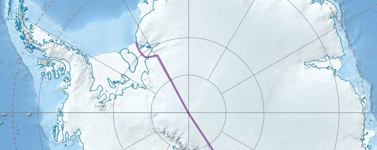 A map drawing on Antarctica showing the route of the Trans Antarctic expedition as a purple line across the white continent.