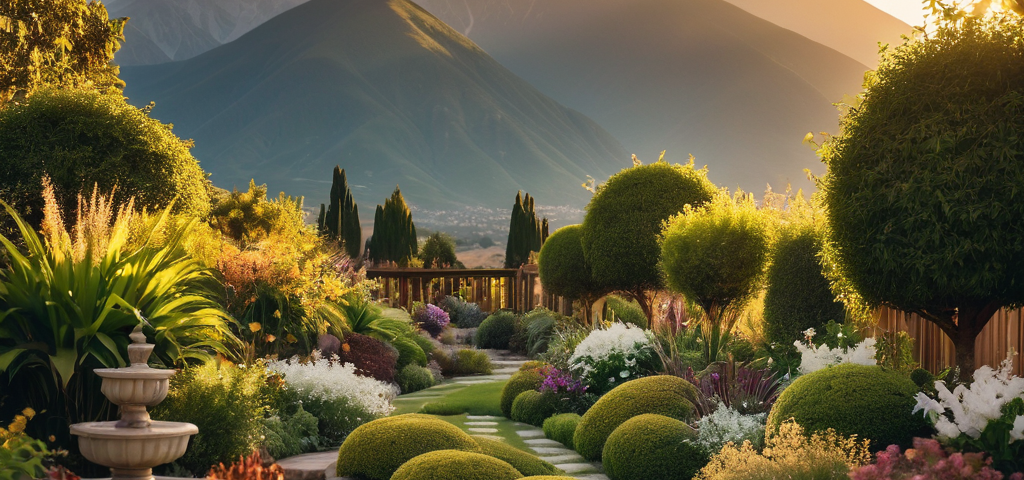 A beautiful garden with lots of flowers and trees with mountain range in the distant and the setting sun.