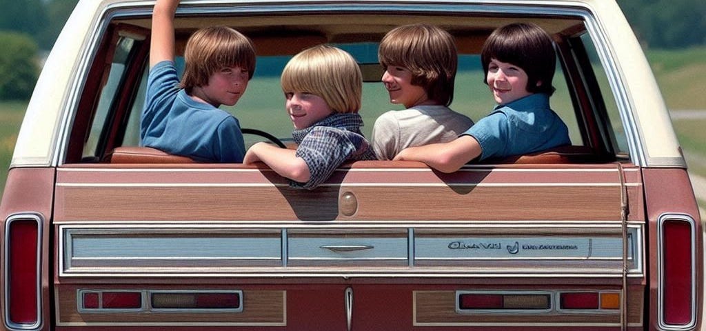 Four boys with 1960s haircuts in the back of a 1969 station wagon, looking and waving.