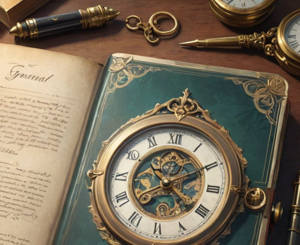 The old journal with a clock on the cover. It is blue and gold and sits on a desk among other antique items.