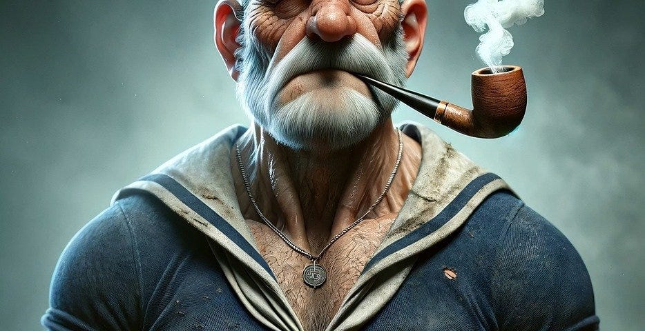 What happens to Popeye when he becomes a senior sailor? This — wrionkled but muscular in a sailor suit and pipe.